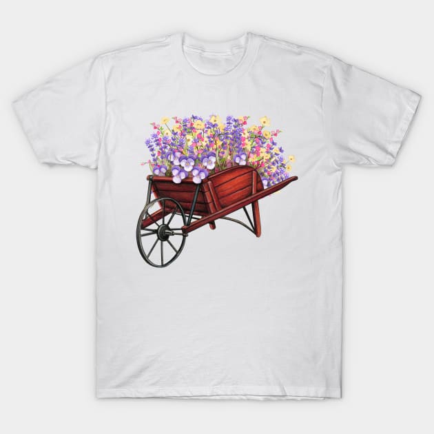 BEAUTIFUL BUNCHES OF VIOLET AND YELLOW SPRING FLOWERS IN WHEELBARROW T-Shirt by SectorG91